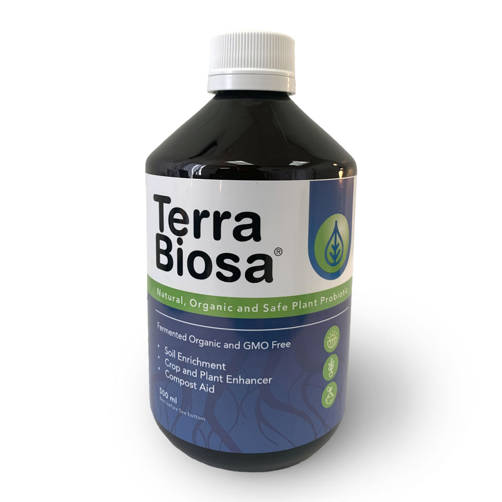 Image showing a 500 ml bottle of Terra Biosa. Terra Biosa was extended to create 30 liters of product to use for the animal husbandry in the presentationment, gardens, crops, soil, manure and water