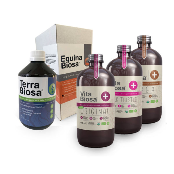 Biosa Inc. products picture showing Equina Biosa in a 3 quart bib, Terra Biosa, Vita Biosa in 500 ml sizes