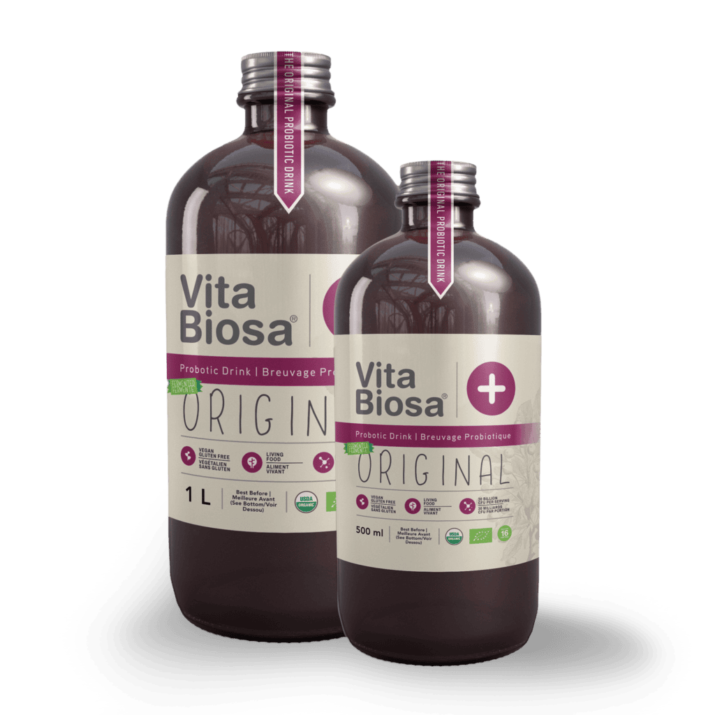 picture showing a 500 ml and 1000 ml glass bottle of Vita Biosa Triple Fermented Probiotic Drink