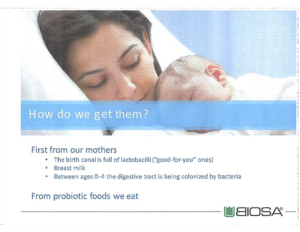 Picture of a mother and baby with a list of the ways we gt our residential microbiota. Mothers milk, birth canal, our environment form age 0-4
