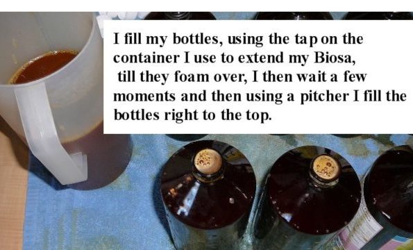I fill my bottles, using the tap on the container I use to extend my Biosa, till they foam over, I then wait a few moments and then using a pitcher I fill the bottles right to the top.