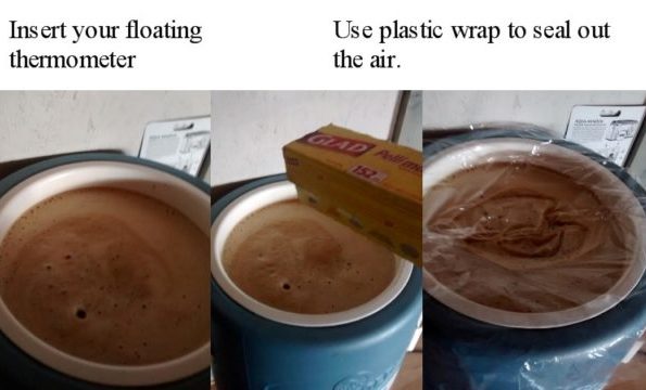 Insert your floating thermometer. Use plastic wrap to cover the top of your container to seal out the air.