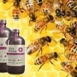 Bottles of Vita Biosa and honey bees