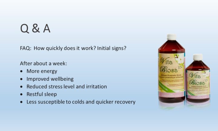 FAQ: How quickly does it work? Initial signs?   After about a week: More energy Improved wellbeing Reduced stress level and irritation Restful sleep Less susceptible to colds and quicker recovery