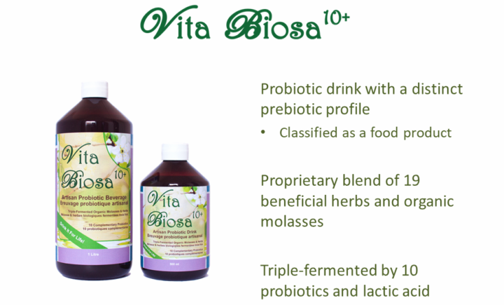 Vita Biosa to the rescue.....Probiotic drink with a distinct prebiotic profile Classified as a food product Proprietary blend of 19 beneficial herbs and organic molasses Triple-fermented by 10 probiotics and lactic acid bacteria