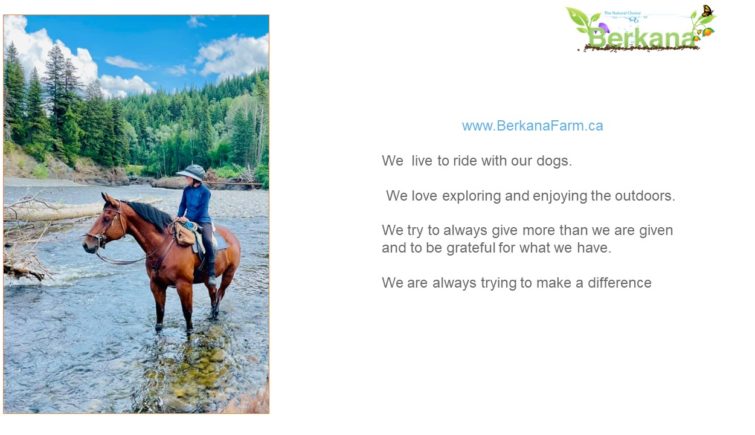 We love exploring and enjoying the outdoors. We try to always give more than we are given and to be grateful for what we have. We are always trying to make a difference- picture of Mona riding her horse across a river